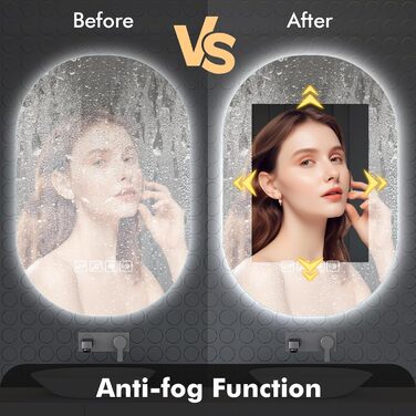 Дзеркало для ванної кімнати з підсвічуванням LED, 60 см, протитуманна функція, Bluetooth, сенсорний вимикач, регулювання яскравості, 3000K/4000K/6500K, HD-загартоване скло, 500x750 мм (овальне)