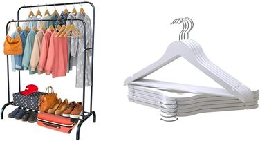 Легкий стійкий вішак для одягу PORTENTUM зі сталі (35 кг) з подвійною перекладиною та полицею для взуття. Зі стійкими ніжками та захисними накладками. У комплекті 10 дерев'яних вішалок. Чорний колір