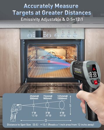 Інфрачервоний термометр Eventek -50°C до 600°C з лазером, регульована випромінювальна здатність, цифровий, LCD дисплей. Для гриля, піци, кухні, промисловості (чорний з аксесуарами 3 в 1)