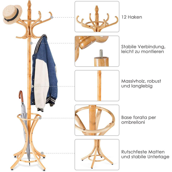 GIANTEX Coat Rack with Umbrella Stand, Clothes Rack Wood with 12 Clothes Hooks, Wooden Coat Tree Freestanding, Standing Coat Rack for Entryway Living Room (white) (natural)