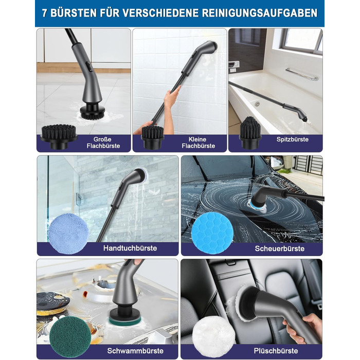 Електрична щітка для чищення, Spin Scrubber з 7 насадок, водонепроникна IPX7, регульована ручка, для ванної кімнати, кухні, плитки, авто, підлоги