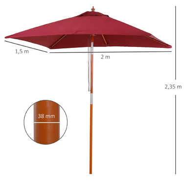 Outsunny Canopy Umbrella, Balcony Parasol made of Fir Wood, 3-Level Adjustable, Burgundy, 200x150x230cm for Garden & Terrace