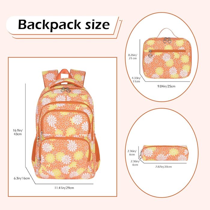 Шкільний рюкзак для дівчинки-підлітка ZHIERNA: набір з ланч-боксом та пеналом (Помаранчевий)