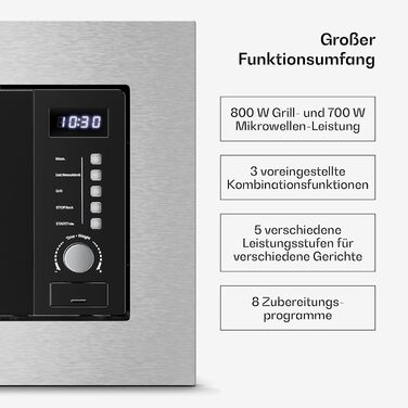 Мікрохвильова піч Klarstein Verosteel вбудована 60 см з грилем – 20L, 700W, 8 програм, сенсорне керування, нержавіюча сталь, функція розморожування, LED-підсвічування