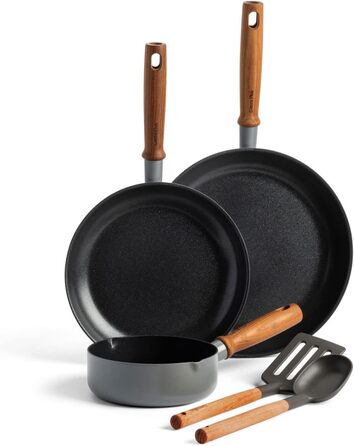 GreenPan Mayflower Pro Hard-Anodized Ceramic Non-Stick Coating, 5-Piece Cookware Set, Vintage Wood Handle, PFAS-Free, Induction-Compatible, Charcoal Gray Cookware Set 5-Piece