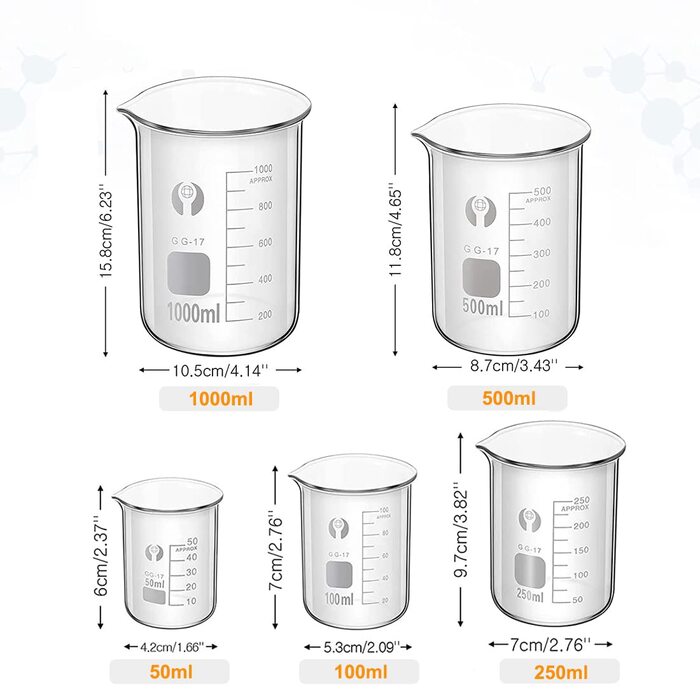 Beaker Cylinder Pipette Set, JESSTOLO 5-Piece Thick Glass Graduated Beakers, 4 Glass Measuring Cylinders with 3 Glass Measuring Pipettes, 4 Glass Stir Sticks and 2 Washing Brushes