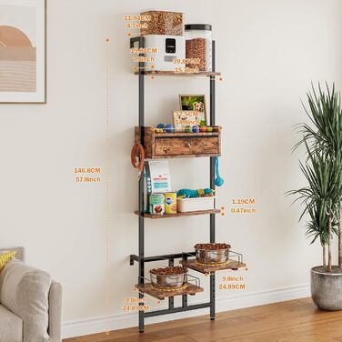 Підвищена годівниця для собак з місцем для зберігання та двома антиковзними килимками, для великих собак, регульована висота, настінний монтаж, колір вінтажний коричневий