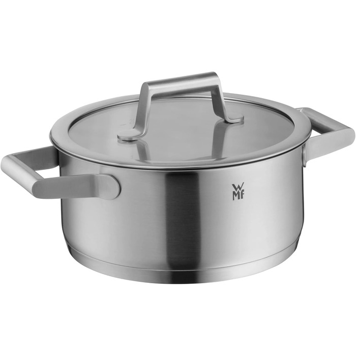 Набір каструль WMF Comfort Line для індукційних плит з кришкою з термоскла, Cromargan нержавіюча сталь, маркування об'єму, стійкий до подряпин, можна складати, без антипригарного покриття. Включає каструлю для тушкування 20 см