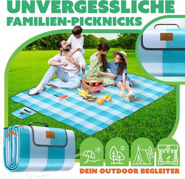 KESSER® Picnic Blanket Camping Blanket XXL 200 x 200 cm - Warm Insulated with Waterproof Bottom, Carrying Handle, Foldable Beach Blanket, Picnic Blankets for 4-6 People, Washable Picnic Blanket (Blue / Turquoise)