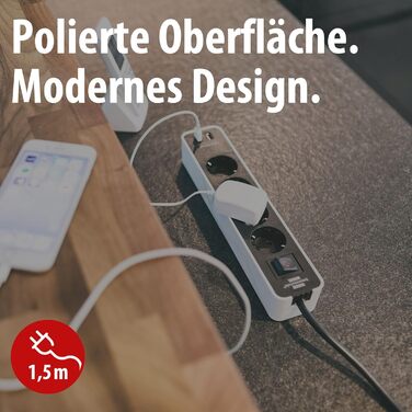 Брененштуль мережевий фільтр Ecolor 4-портовий з USB (білий/чорний) - 4 розетки, 2 USB-порти, вимикач, 1.5м кабель