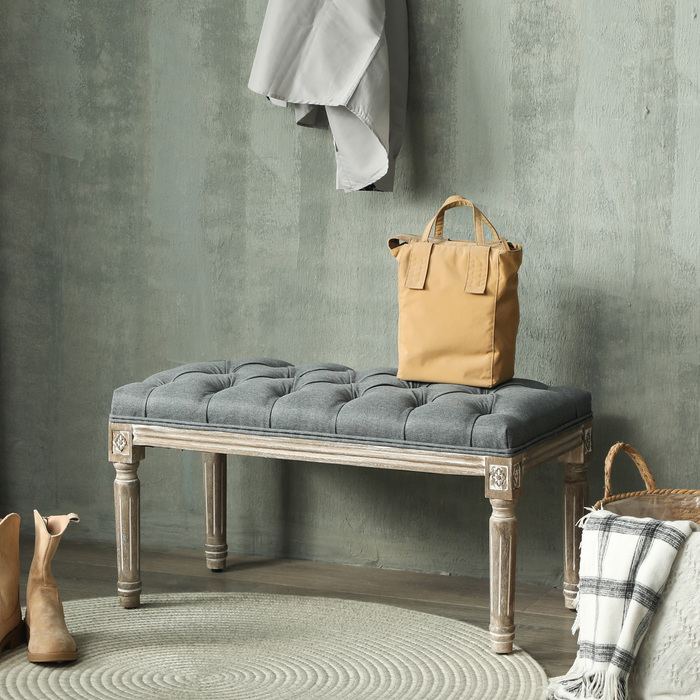 HOMCOM Upholstered Bench Gray Vintage Style Bench with Button Tufting from Rubber Wood & Linen 142x47x51cm for Dining Room & Entryway