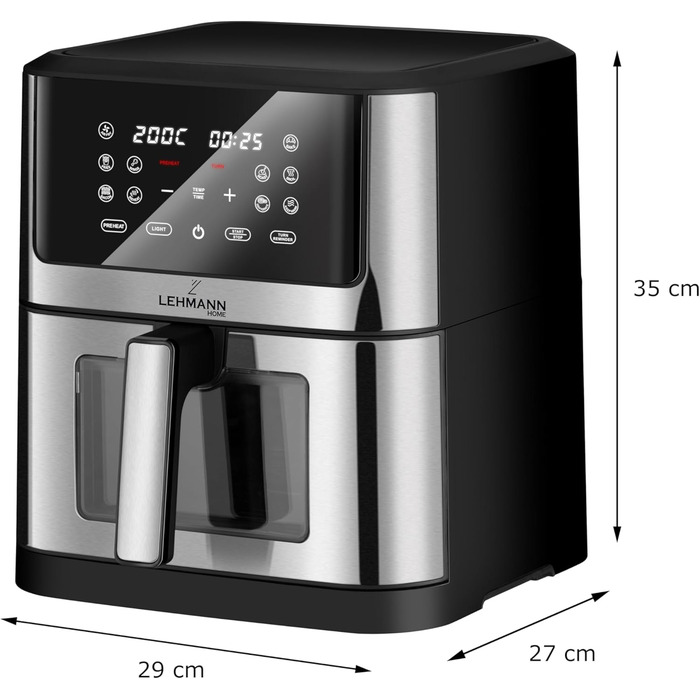 Горизонтальний фритюрник Lehmann 8л, 1800 Вт з оглядовим вікном, регулюванням температури до 200°C, 12 програм, таймером, антипригарним покриттям, для приготування на грилі, випікання та смаження з використанням технології Air Fry