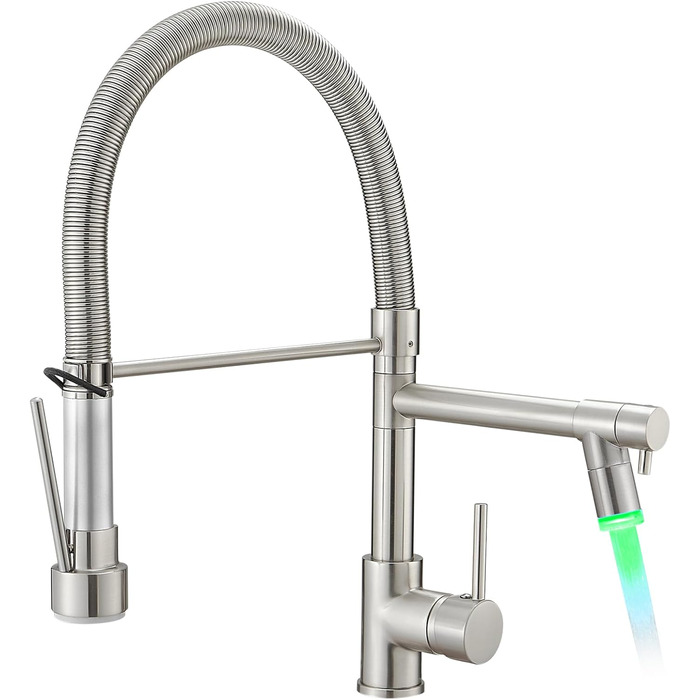 LED кухонний змішувач з спіральною пружиною, поворотний на 360°, з двома виливами, висувний, для кухні, з високим тиском, з нержавіючої сталі, LED, матове нікелювання