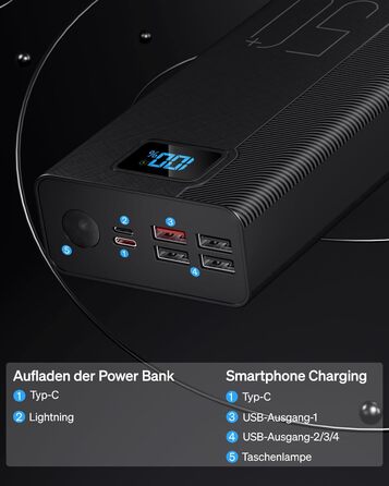 Power Bank 50000mAh 22.5W: Зовнішній акумулятор з великою ємністю, 5 USB виходів, 3 входи, чорний