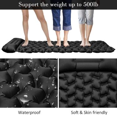 Ultralight Inflatable Camping Mat with Pillow - Waterproof Folding Air Mattress for Camping, Hiking, Travel & Backpacking - Black