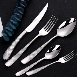 DAFFODILY Cutlery Set. Hammered 18/10 Stainless Steel Flatware. Mirror Finish, ultra-sharp steak knives, dishwasher safe. (Silver, 30)