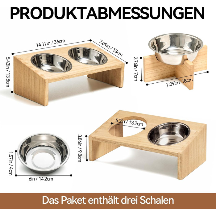 Підвищені годівниці для котів та собак KIRIGEN - дерев'яна станція для годування з 3 знімними мисками з нержавіючої сталі, годівниця для котів та дрібних тварин, натуральний колір