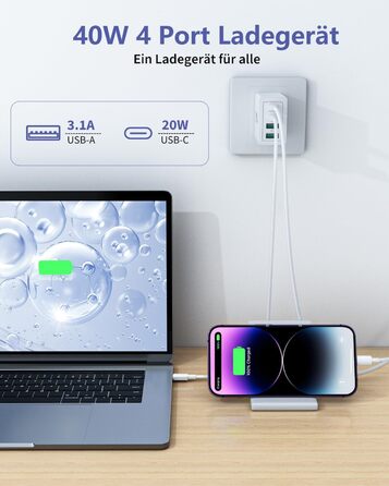 Мережевий адаптер USB-C на 4 порти з кабелем USB-C на USB-C 2м, 40W, PD 3.0, для iPhone, Samsung, смартфонів