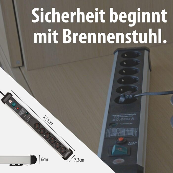 Бренненштуль Premium-Protect-Line Розподільник розеток 6-фазний з захистом від перенапруги 60 000 A (з вимикачем та 3м кабелем, Made in Germany) Срібний/чорний, Нова версія Single