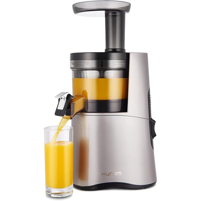 HUROM H-AA Соковижималка шнекова, холодного віджиму, 150 Вт, 500 мл, тиха, BPA Free, напівпрозорий завантажувач, ескімейкер, темно-срібляста