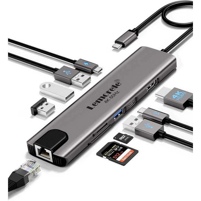 Lemorele USB-C Док-станція: 11-в-1 хаб з 2xHDMI 4K, 3xUSB 3.0/2.0, VGA, PD 100W, SD/TF, Ethernet (сумісна з Windows, MacBook, Dell, HP, Lenovo, Surface)