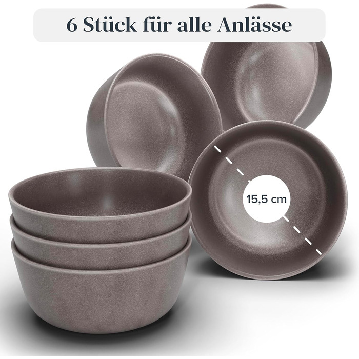 Stoneware Muesli Bowls, 6 Person. High-Quality Urban Style TEST VERY GOOD Muesli Bowl Set, dishwasher, microwave and scratch-resistant. Small bowl, muesli bowl - Pure Living in matte gray-brown