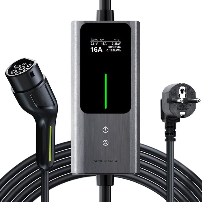 Кабель для зарядки електромобіля Type 2 Schuko 3.68kW, 6-16A, 5M, 1-фазний, з цифровим дисплеєм, IP65, IEC 62196-2 PHEV/EV