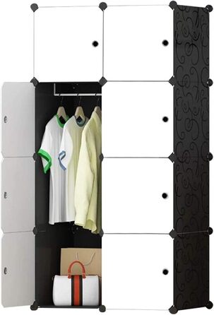BRIAN & DANY 12-Cube Wardrobe, Modular Closet Storage Unit, Plug-in Shelf System, Plastic Closet with Doors & 2 Hangers, Additional Stickers Included (8 Cube, Black and White)