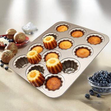Canele Mold, Carbon Steel, 12 Cavities, Non-Stick, Canelé Molds, Baking Pans for Oven Baking, Cupcake