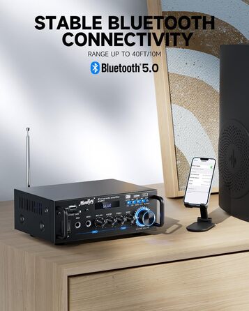 Стерео Bluetooth караоке підсилювач Moukey 2.0 каналів, 100Вт, Hi-Fi, RCA, USB, SD, 2 мікрофонні входи, FM-радіо для авто та дому