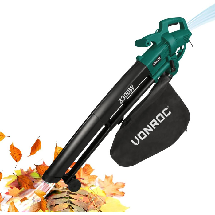 VONROC Electric Leaf Blower 3300W - 3-in-1 Leaf Collector Function - Blow 270km/h, Vacuum, Shred - Includes 40L Collection Bag