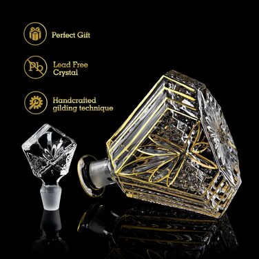 Розкішний набір декантерів ручної роботи з золотом для чоловіків: віскі, вино, бурбон, текіла. Кришталевий декантер та 2 склянки.