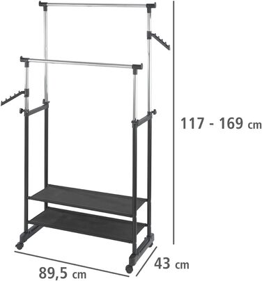 WENKO Clothes Rack Folding, Clothes Storage with Adjustable Clothes Rail and Wheels, Plastic/Metal, 88 x 100-168 x 11-49 cm, Chrome/Grey (169 x 43 x 89.5 cm)