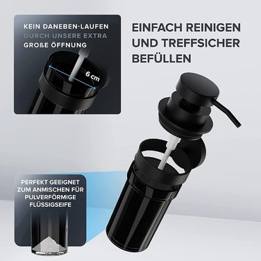 ovimar Soap Dispenser Lokta | black | with drillable wall mount | made of stainless steel and black glass | extra large opening for easy refilling | for bathroom or kitchen | hand sanitizer dispenser