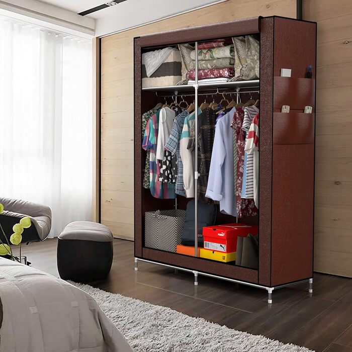 INTIRILIFE Folding Wardrobe 108x170x45 cm - Fabric wardrobe with zipper and clothes rail, side pocket and compartments - shelf, metal frame, storage (Coconut Brown)