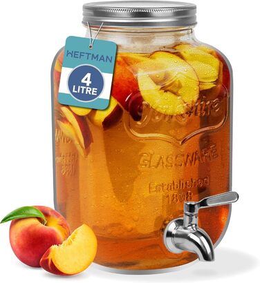 HEFTMAN Glass Drink Dispenser with Tap – 3.7 Liter Mason Jar Drink Dispenser with Leak-Proof Stainless Steel Spout & Ice Cylinder Refrigerator Water Dispenser, Punch, Cocktails, Empty Drink Dispenser