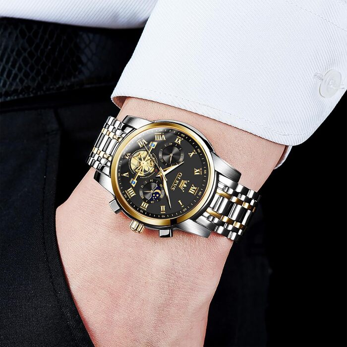 Годинник чоловічий OLEVS з металевим ремінцем, кварцовий, з місячною фазою, хронограф, водонепроникний (2859 Чорний / Двоколірний)