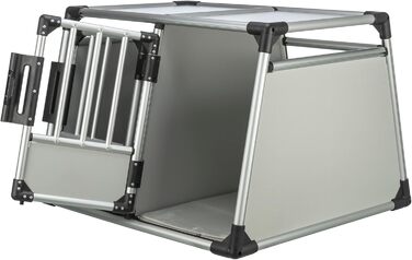 Трійзі Двомісна переносна клітка для собак з алюмінію – переноска для двох собак до 50 кг, 93 × 64 × 83 см, з висувною перегородкою, надійний замок, неслизький килимок – 39345 срібна L 93 x B 83 x H 64 см Двомісна переноска