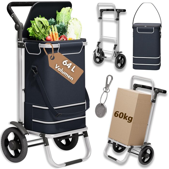 Великий колісний візок для покупок 64L, розкладний, до 60кг, з відділенням-холодильником, з відбивачем, чорний