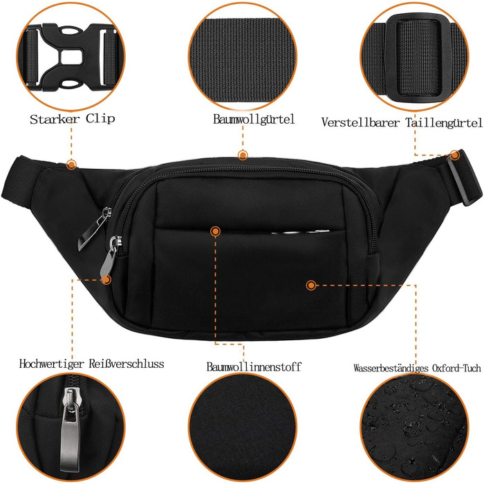 Чоловіча та жіноча поясна сумка-бананка на пояс з великою місткістю, чорна, для iPad mini та iPhone 12 Pro Max