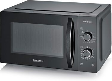 Мікрохвильова піч Severin 2-в-1 з грилем, 20 л, чорна, MW 7762. Плоский скляний стіл, 2 рівні, велика площа, для прямокутного посуду, легке очищення