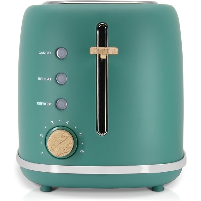 Тостер Nordic з широким слотом, 2-х місний, 6 рівнів підсмажування, функція підігріву та розморожування, зйомний піддон для крихт, північний дизайн, 870 Вт, зелений