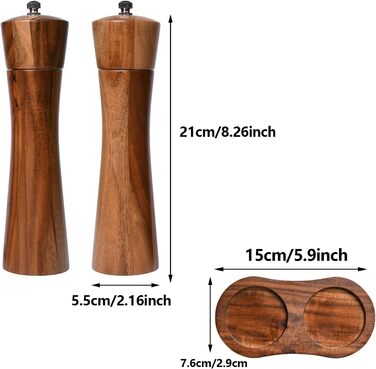 Set of 2 pepper mills made of good wood, salt and pepper mill set, 21 cm length, allows adjustment of the pepper grind, spice grinder with stainless steel core.