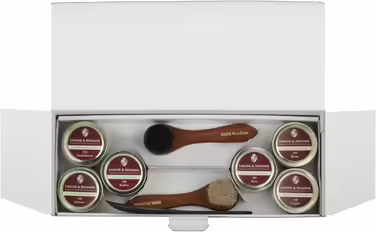 Langer & Messmer Shoe Care Set including high-quality leather care creams and horsehair brushes for effective care of your smooth leather shoes - The shoe care set for professional shoe care.
