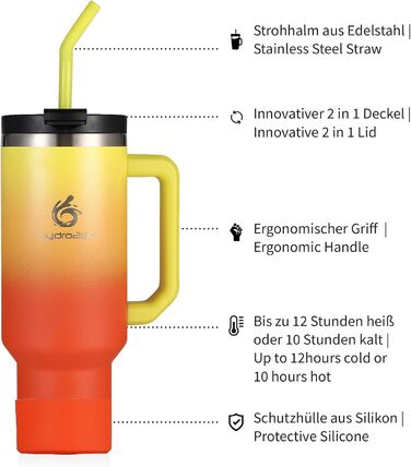Термокружка Hydro2Go з трубочкою – BPA-free, придатна для миття в посудомийній машині, зберігає тепло 10 годин/холод 12 годин – 1200 мл, колір Sun
