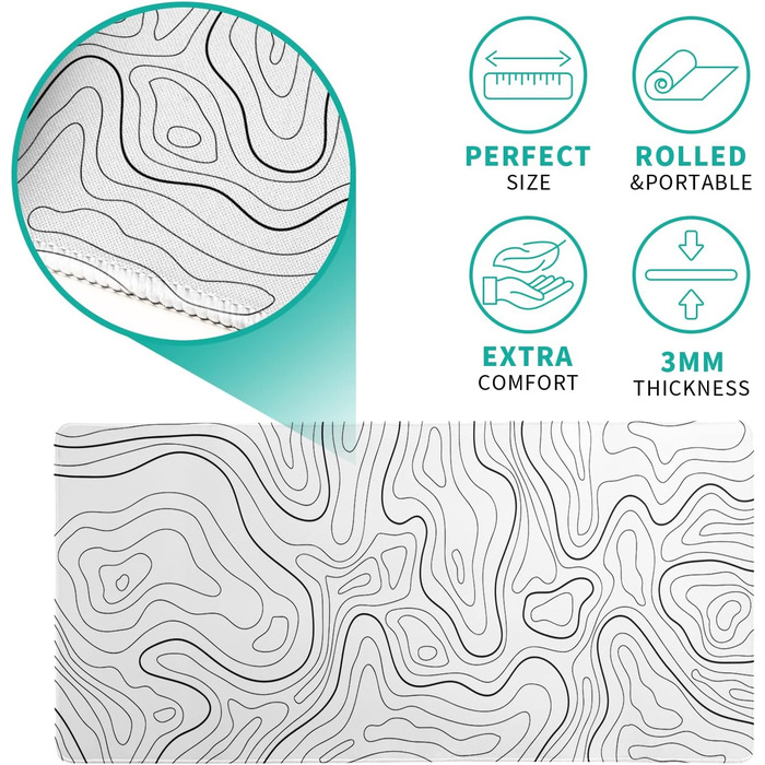 Мат для миші Japanische e Meereswelle, абстрактний дизайн, 80x20 см, хвиля, нековзна гумова основа, великий килимок для миші, для офісу та дому (біла топографічна лінія)