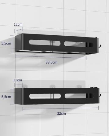 Настінна поличка для душу без свердління Kitsure, 2 шт., чорна, 33.5 x 12.0 x 5.5 см