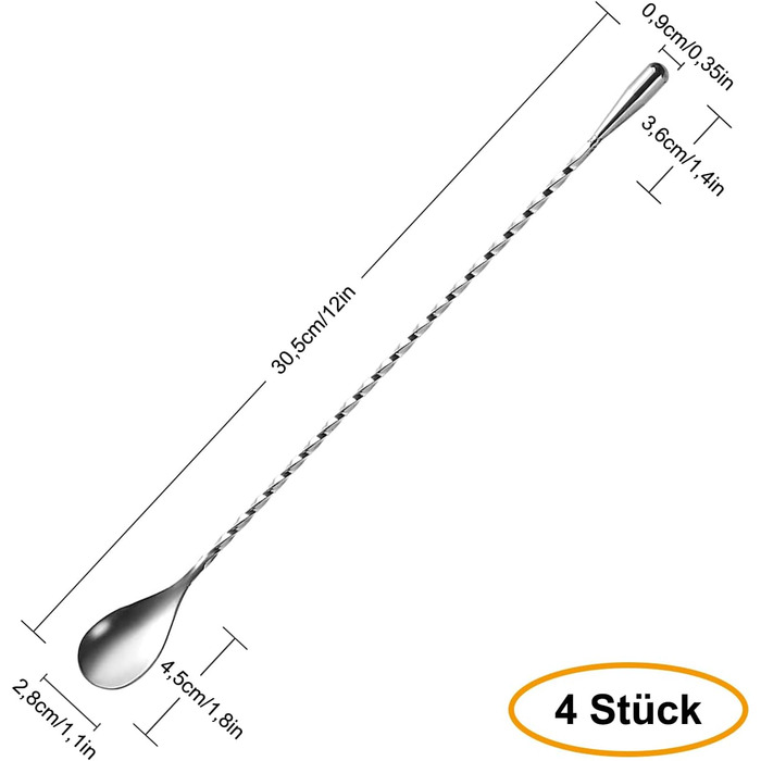 Набір з 4 коктейльних ложок Barlöffel, 30 см, нержавіюча сталь, для Мартіні, лате макіато та шейкерів