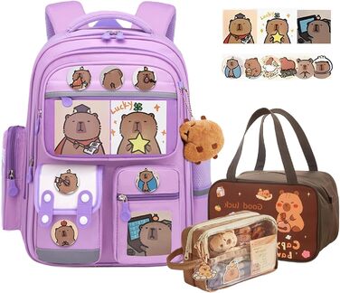 Рюкзак Капібара Великий, Набір рюкзаків Капібара для дітей з пеналом та ланч-боксом, шкільний рюкзак для підлітків, для хлопчиків та дівчаток (фіолетовий)