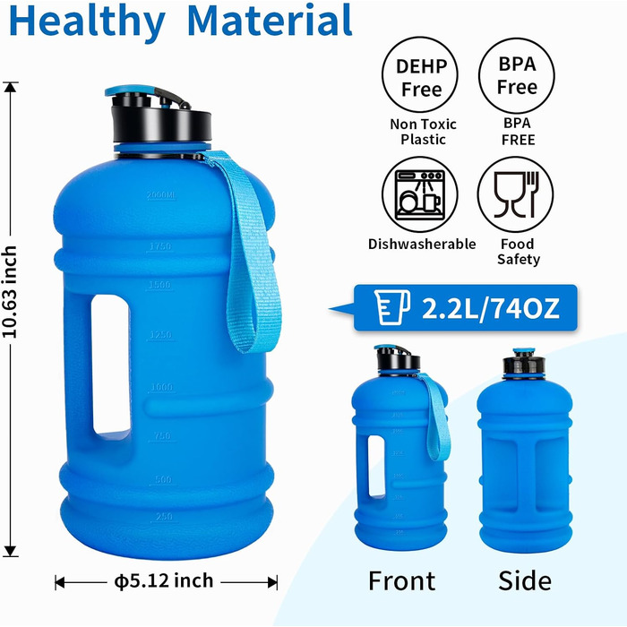 TOOFEEL Water Bottle 2L - 2 Liter Water Bottle BPA Free, Large Bottle, Reusable Sports Water Bottle with Marked Measurements, Gym Water Bottle - (Matte Dark Blue, 1893 ml)